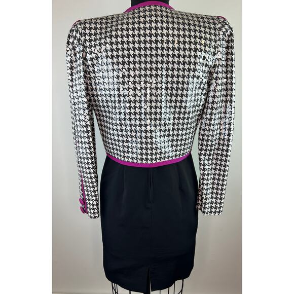 VINTAGE Karen Lawrence Black Pink Houndstooth Sequin Dress Blazer Set 4 VTG USA - Picture 3 of 10